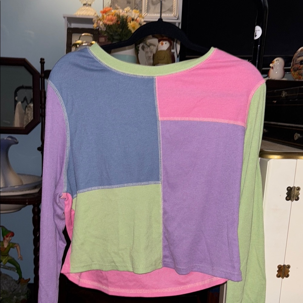 SHEIN Color Block Long Sleeve Top - Pink, Green, Purple, Blue